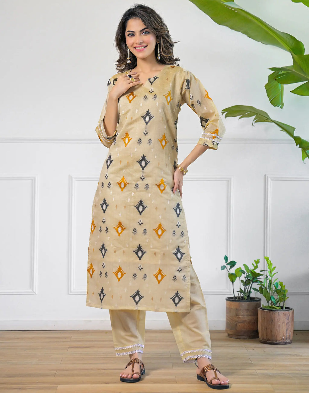 Sand Beige Notched Round Neck Embellished Straight 3 Piece Kurta Set With Dupatta