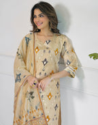 Sand Beige Notched Round Neck Embellished Straight 3 Piece Kurta Set With Dupatta