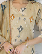 Sand Beige Notched Round Neck Embellished Straight 3 Piece Kurta Set With Dupatta