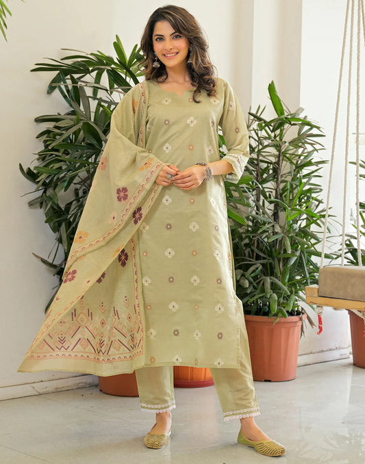 Sage Green Notched Round Neck Embellished Straight 3 Piece Kurta Set With Dupatta
