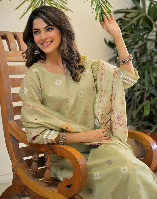 Sage Green Notched Round Neck Embellished Straight 3 Piece Kurta Set With Dupatta