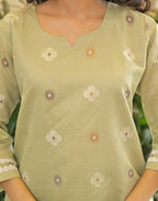 Sage Green Notched Round Neck Embellished Straight 3 Piece Kurta Set With Dupatta