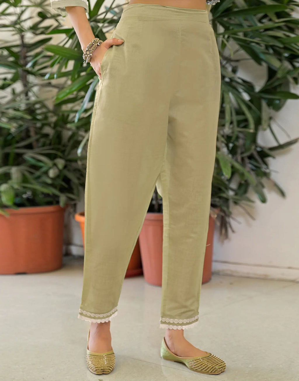 Sage Green Notched Round Neck Embellished Straight 3 Piece Kurta Set With Dupatta