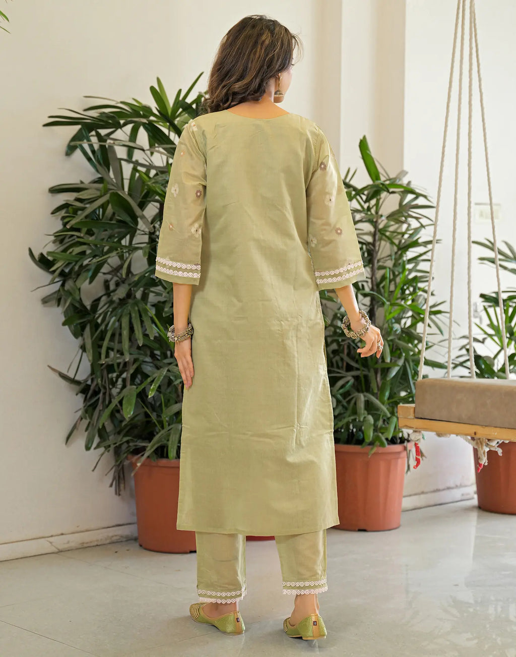 Sage Green Notched Round Neck Embellished Straight 3 Piece Kurta Set With Dupatta