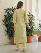 Sage Green Notched Round Neck Embellished Straight 3 Piece Kurta Set With Dupatta