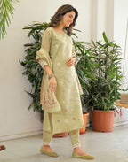 Sage Green Notched Round Neck Embellished Straight 3 Piece Kurta Set With Dupatta