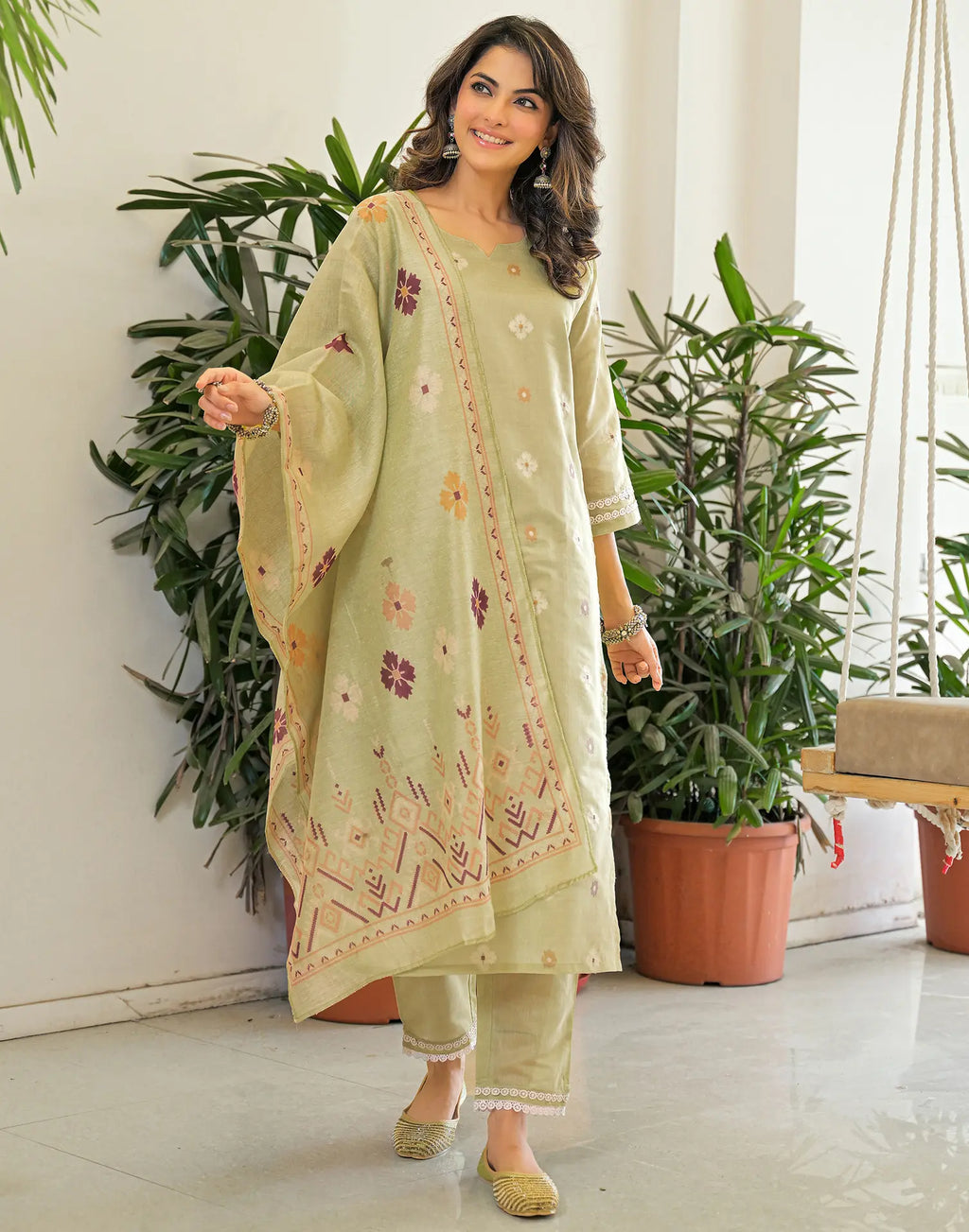 Sage Green Notched Round Neck Embellished Straight 3 Piece Kurta Set With Dupatta