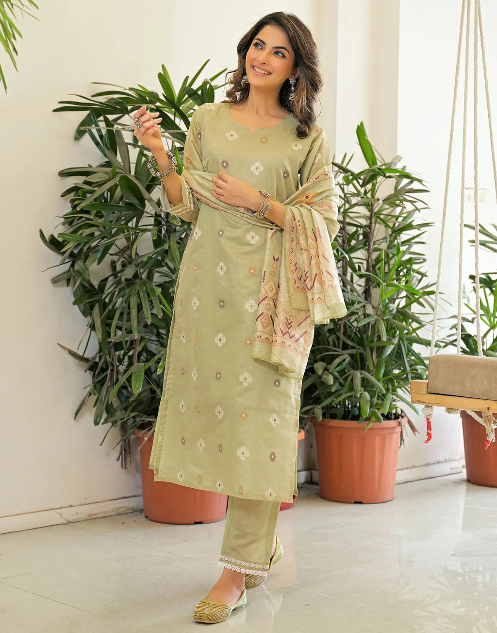 Sage Green Notched Round Neck Embellished Straight 3 Piece Kurta Set With Dupatta