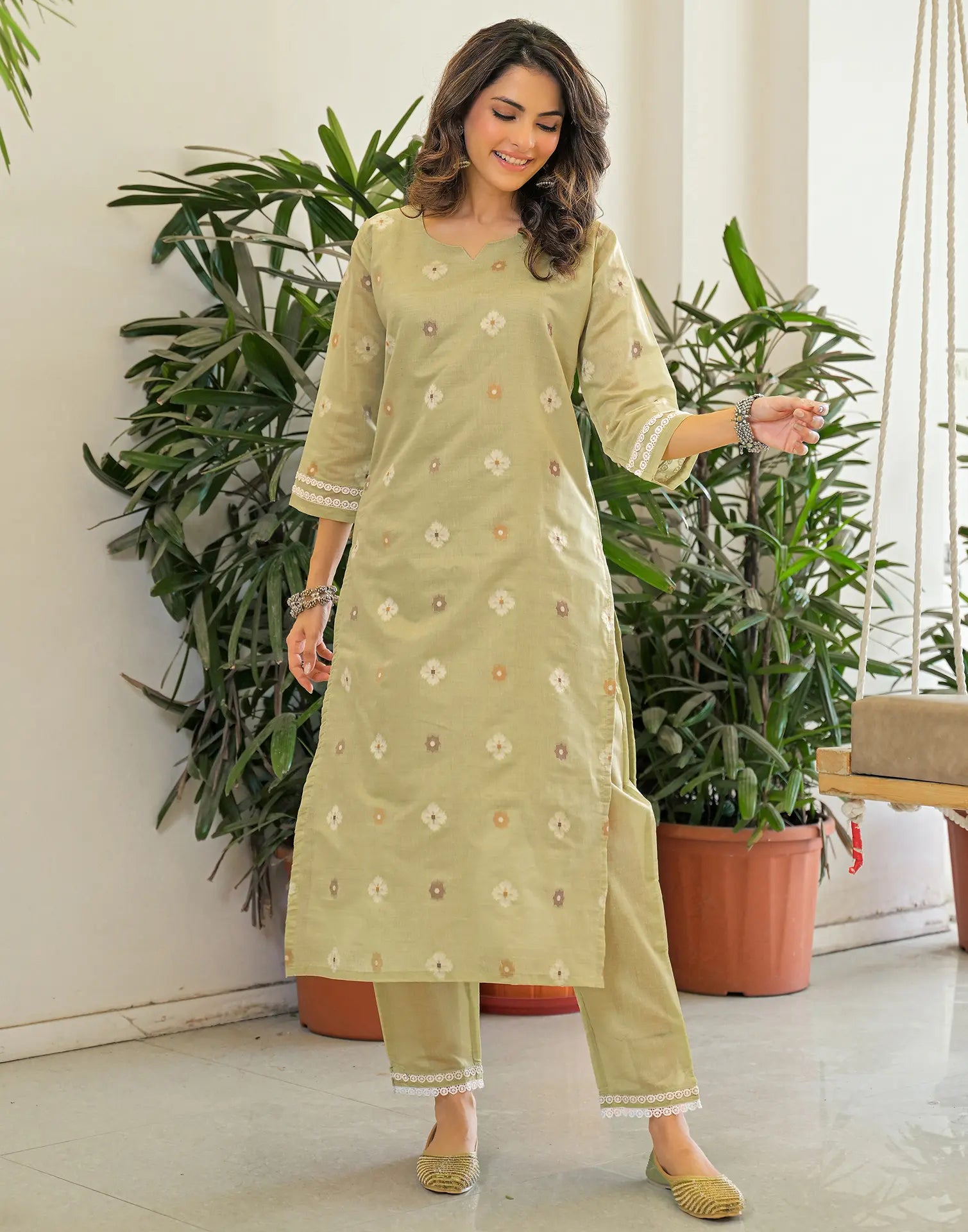 Sage Green Notched Round Neck Embellished Straight 3 Piece Kurta Set With Dupatta