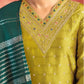 Skylee Mustard Green Silk Plain V Neck 3/4 Sleeve Straight Kurta Set with Pant & Dupatta for Women