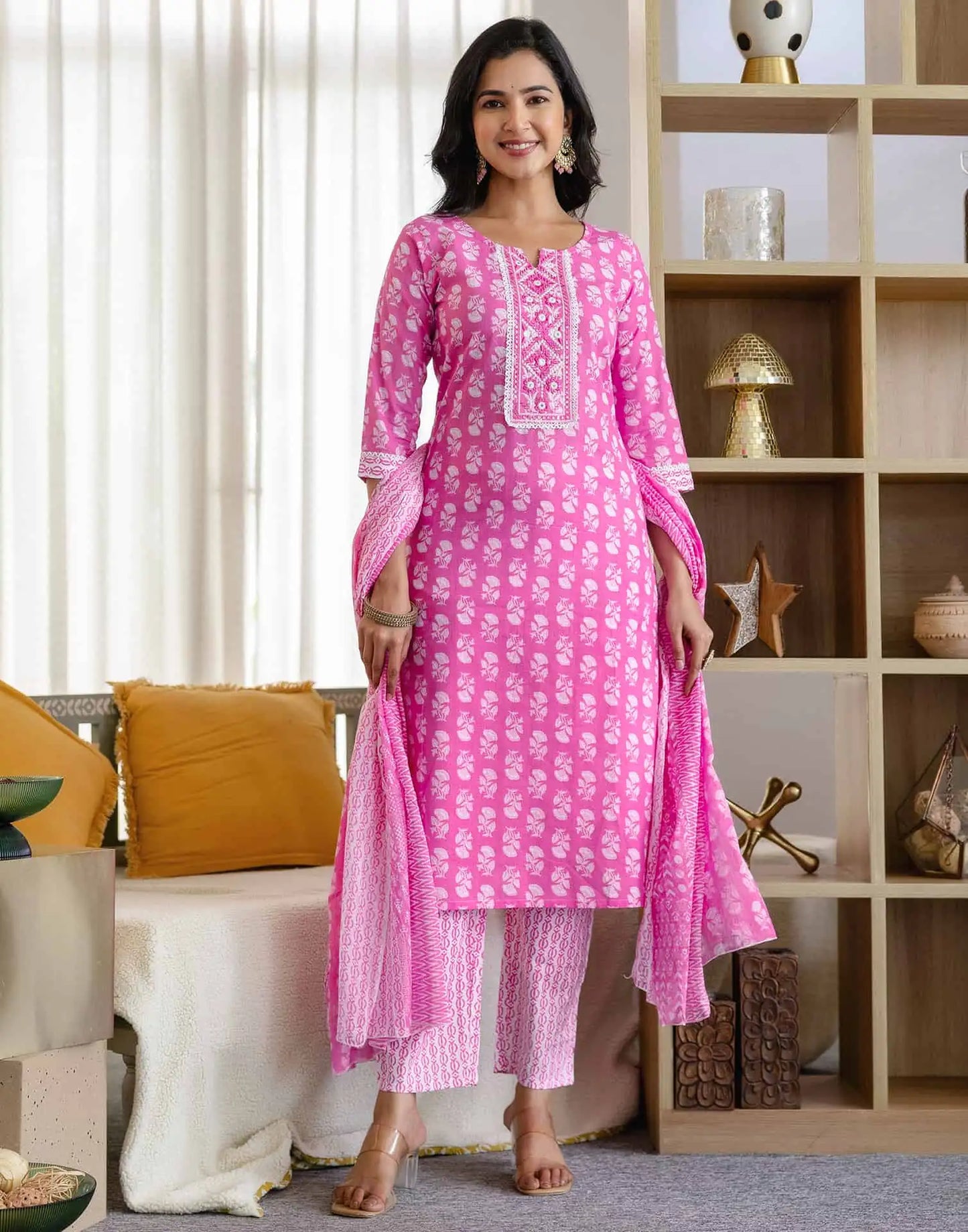 Affordable Red Cotton Printed Straight Kurta Set Round-Neck Cotton Kurti with Pant & Dupatta
