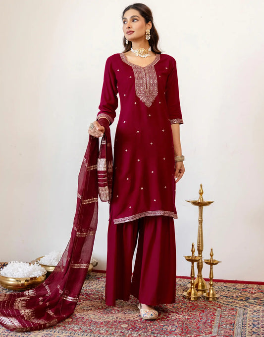 Rayon Embroidered Straight 3 Piece Kurta Set