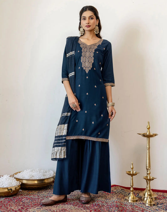 Rayon Embroidered Straight 3 Piece Kurta Set
