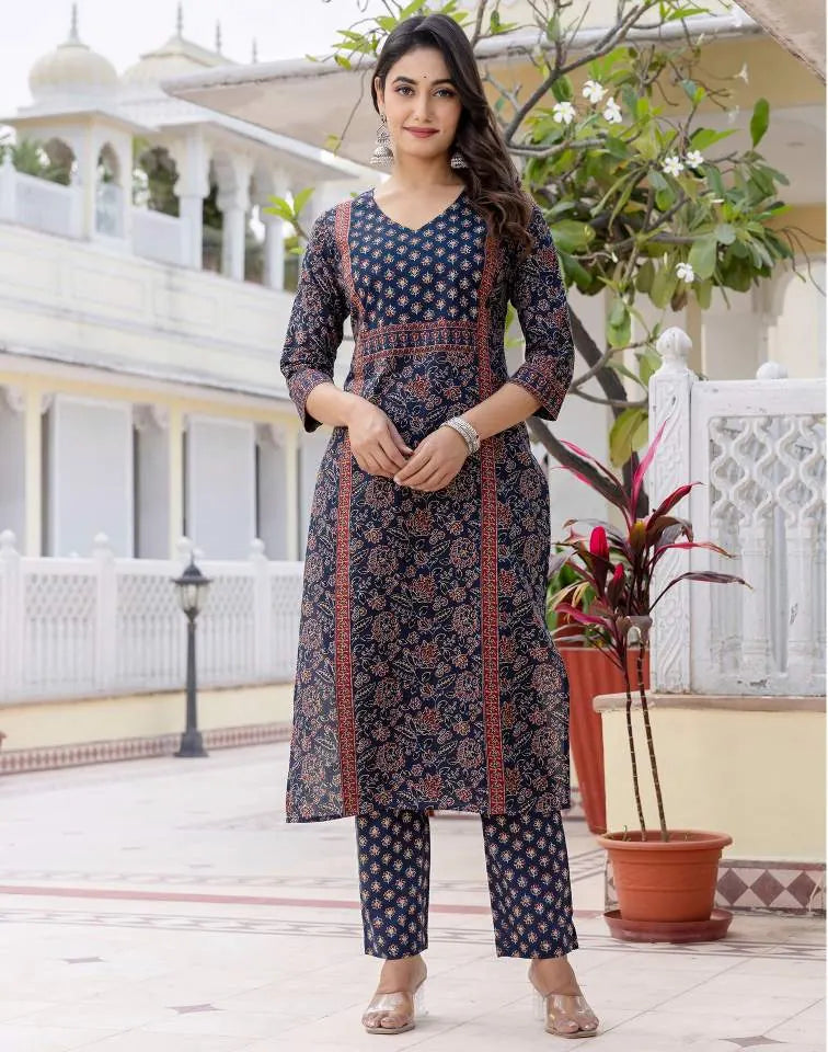 Affordable Navy Blue Printed V Neck Kurta Set with dupatta