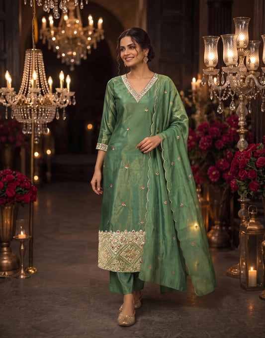 Shimmer Silk Blend Sequence Straight 3 Piece Kurta Set