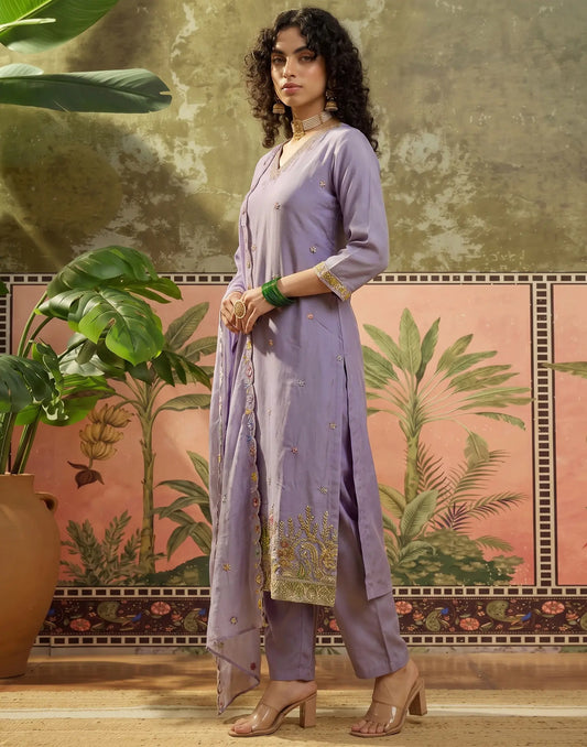 Silk Blend Embroidered Straight 3 Piece Kurta Set