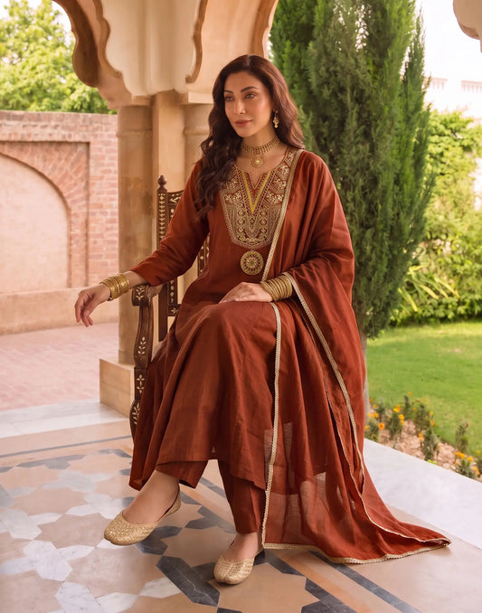 Rust Brown Round Neck with Deep V-Slit Multicolour Thread Embroidery with Mirror and Sequin-Style Work A-Line 3 Piece Kurta Set with Dupatta