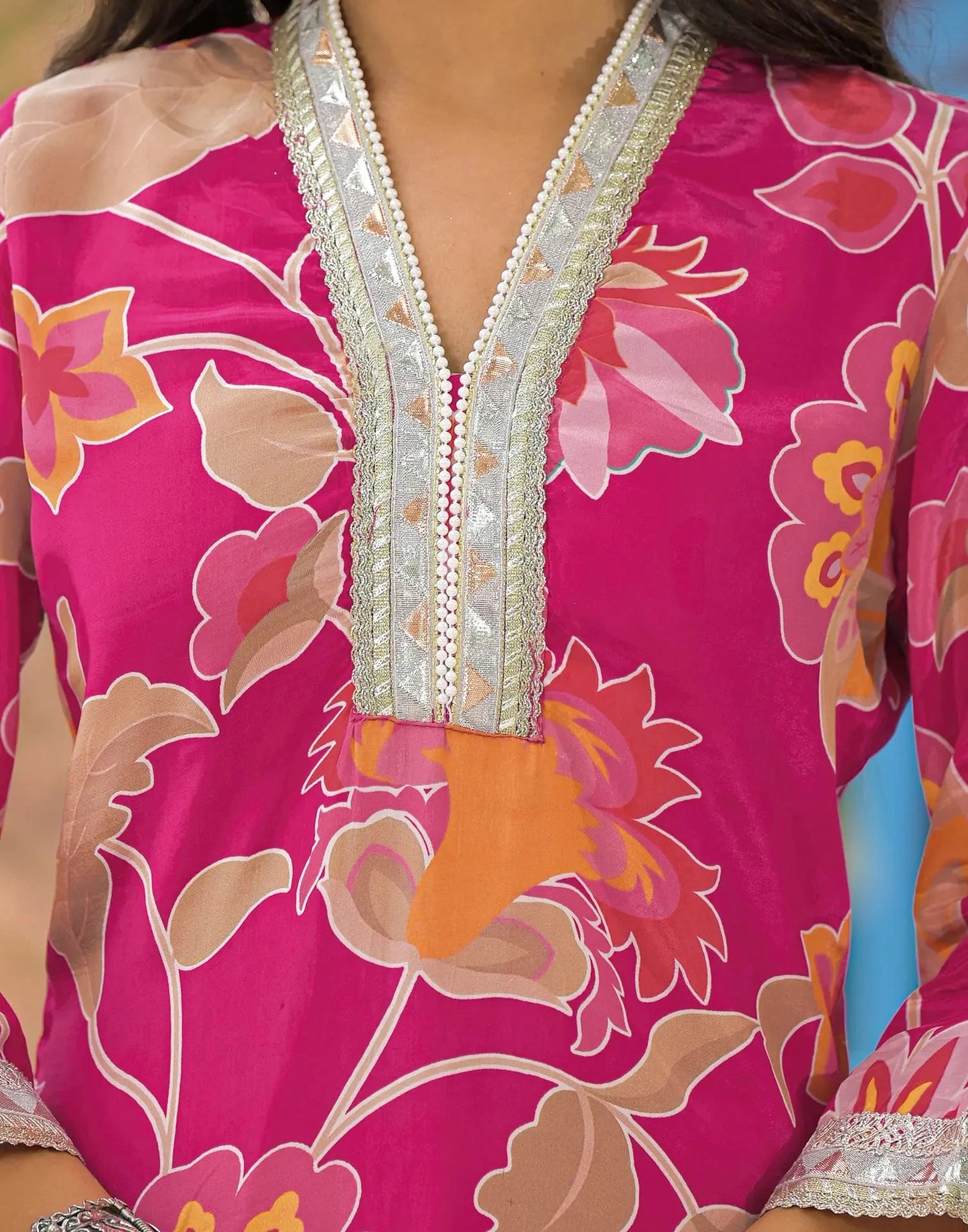 Crepe Printed V-Neck Straight Kurta with Pant & Dupatta