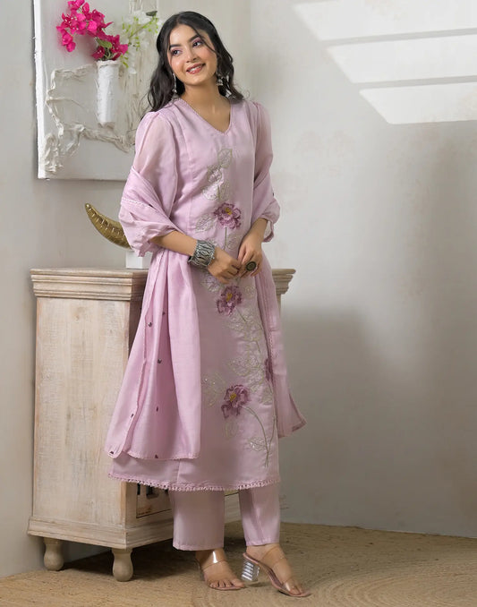 Mul Chanderi Embroidered A-line 3 Piece Kurta Set