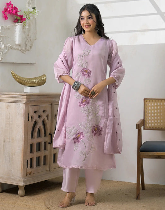 Mul Chanderi Embroidered A-line 3 Piece Kurta Set