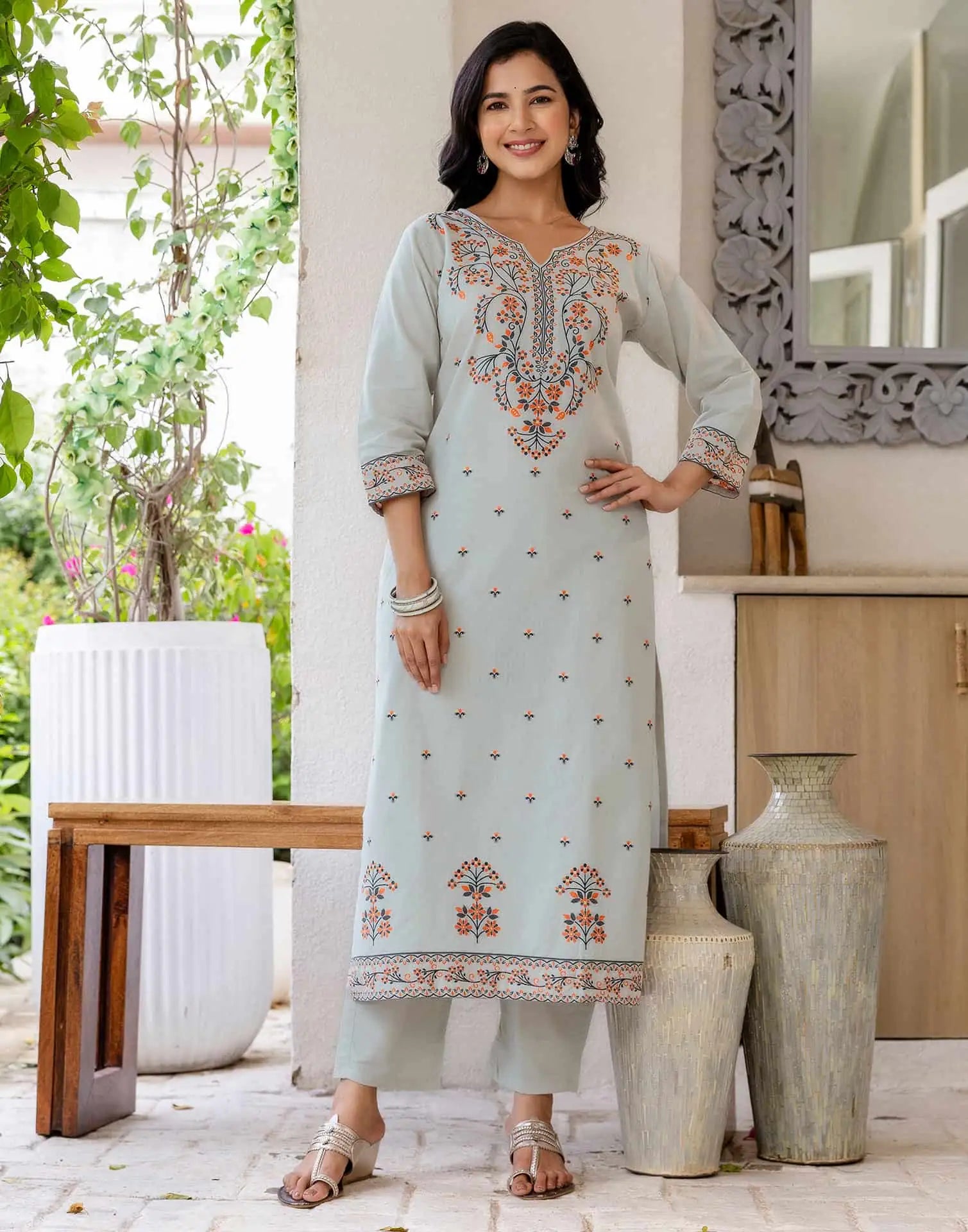 Grey Cotton Woven Straight Kurta Set with Pant & Dupatta under 1250 