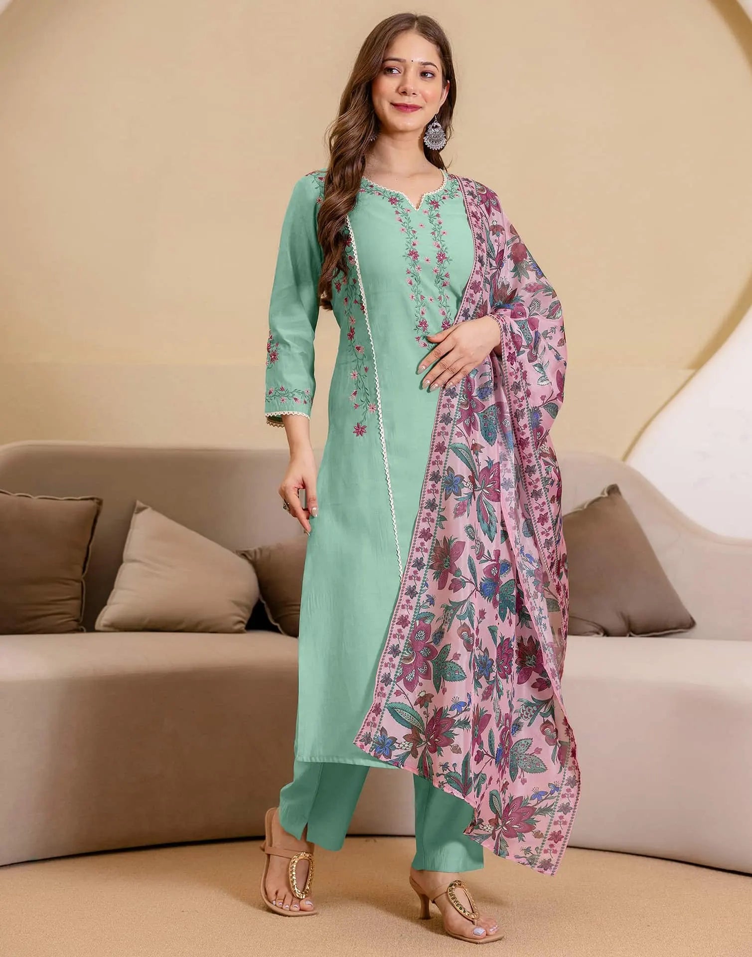 Green Silk Embroidered Straight Kurta Set with Pant and Dupatta