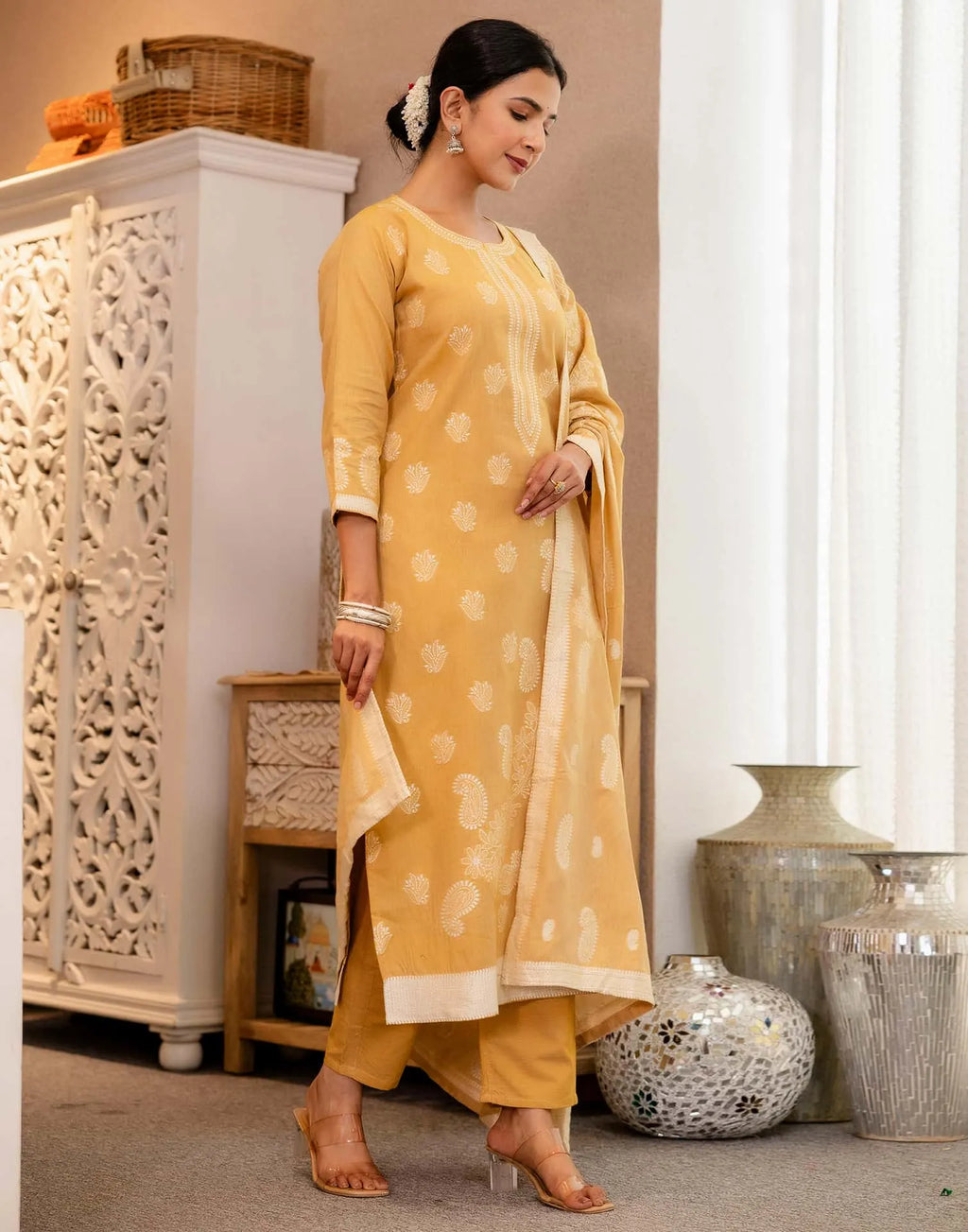 Yellow Cotton Woven Straight Kurta Set with Pant & Dupatta under 1250