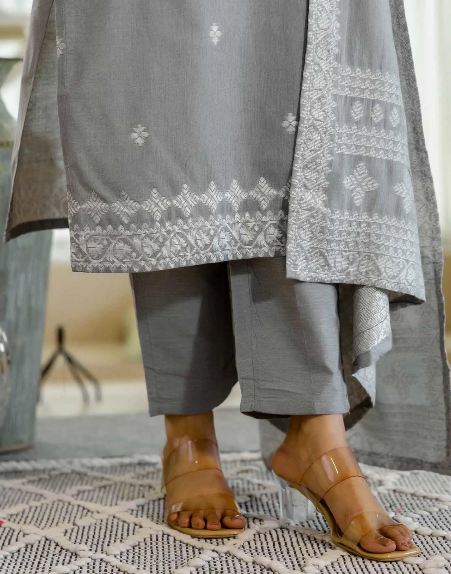 Grey Cotton Woven Straight Kurta Set with Pant & Dupatta under 1250