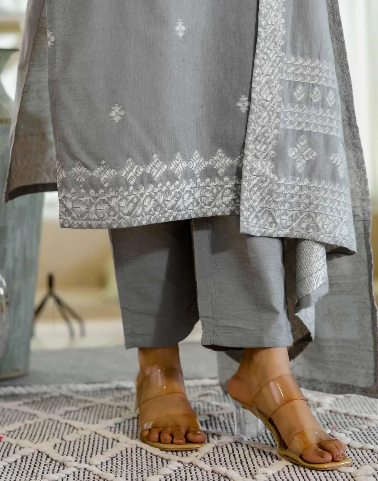 Grey Cotton Woven Straight Kurta Set with Pant & Dupatta under 1250