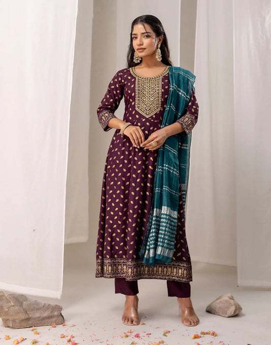 Rayon Foil Print Anarkali 3 Piece Kurta Set