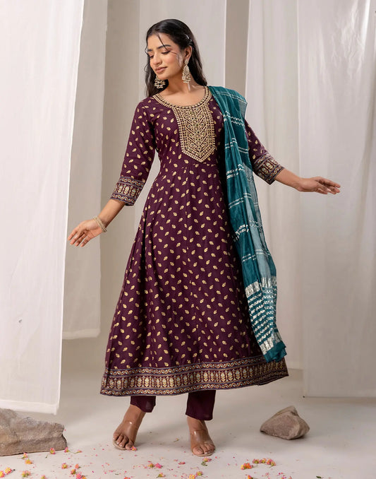Rayon Foil Print Anarkali 3 Piece Kurta Set
