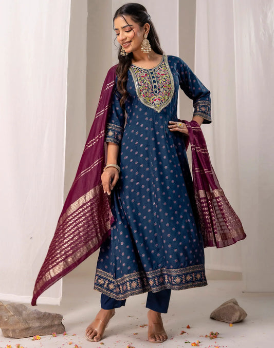 Navy Blue Notched Round Neck Zari and Sequin Anarkali 3-Piece Kurta Set with Dupatta
