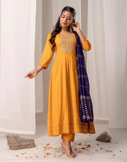 Rayon Foil Print Anarkali 3 Piece Kurta Set