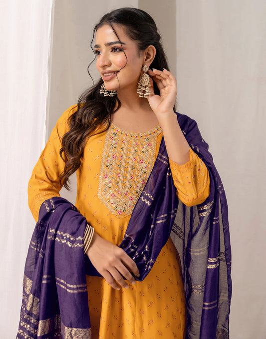 Rayon Foil Print Anarkali 3 Piece Kurta Set