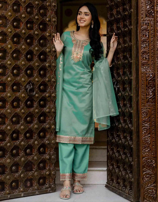 Skylee Light Green Organza Embroidered Straight Kurta Set for Women