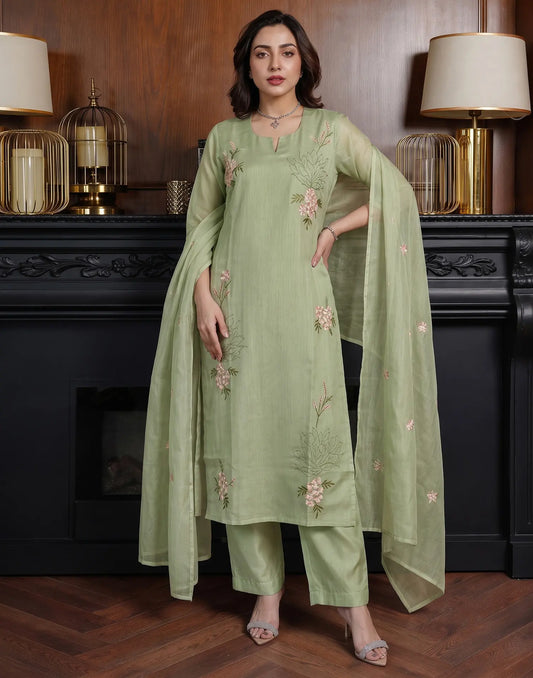 Chanderi Embroidered Straight 3-Piece Kurta Set with Dupatta