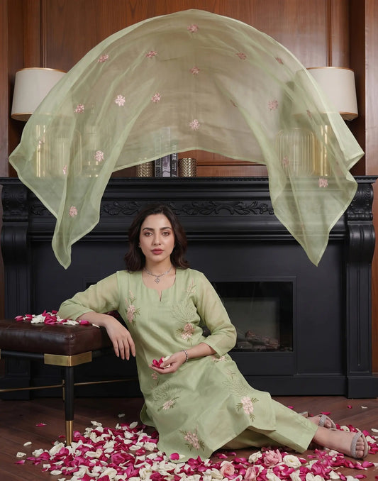 Chanderi Embroidered Straight 3-Piece Kurta Set with Dupatta