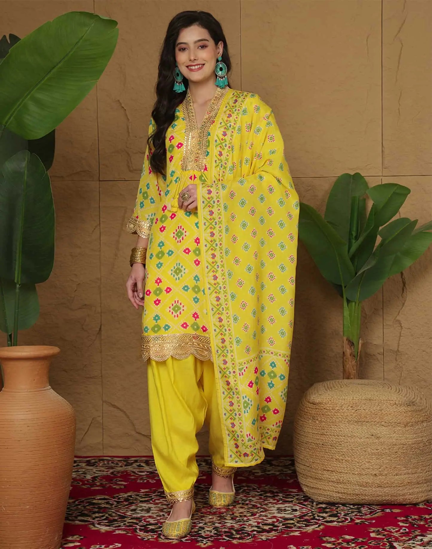 Yellow Silk Printed Straight Kurta Set for Women with Patiala Pant and Dupatta