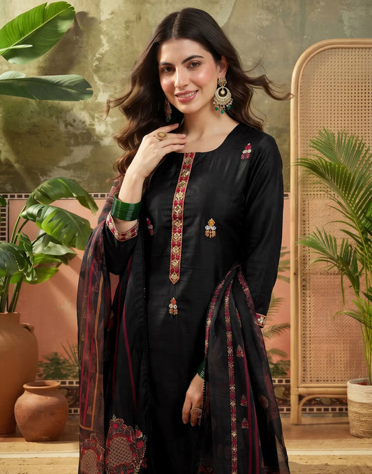 Silk Blend Embroidered Straight 3 Piece Kurta Set