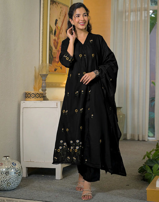 Pure Cotton Embroidered A-line 3 Piece Kurta Set