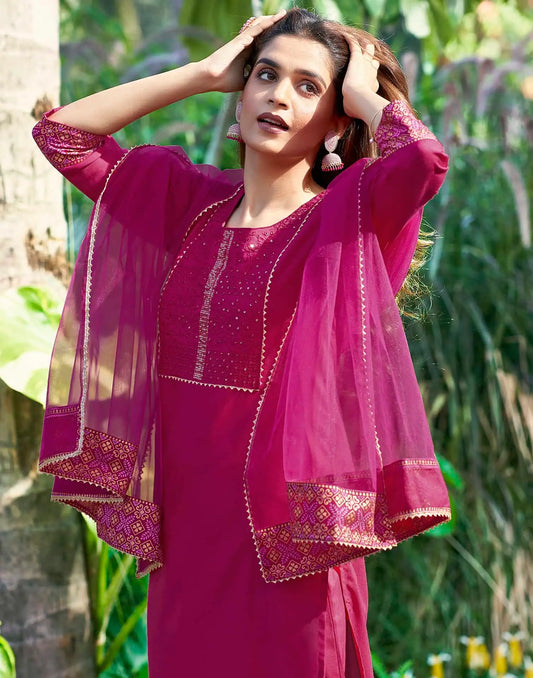 Cotton Blend Embroidered Straight Kurta with Pant & Dupatta