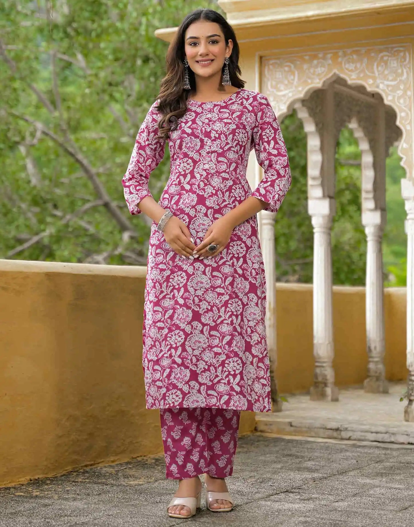 Cotton Straight Printed Round Neck Kurta with Pant & Dupatta