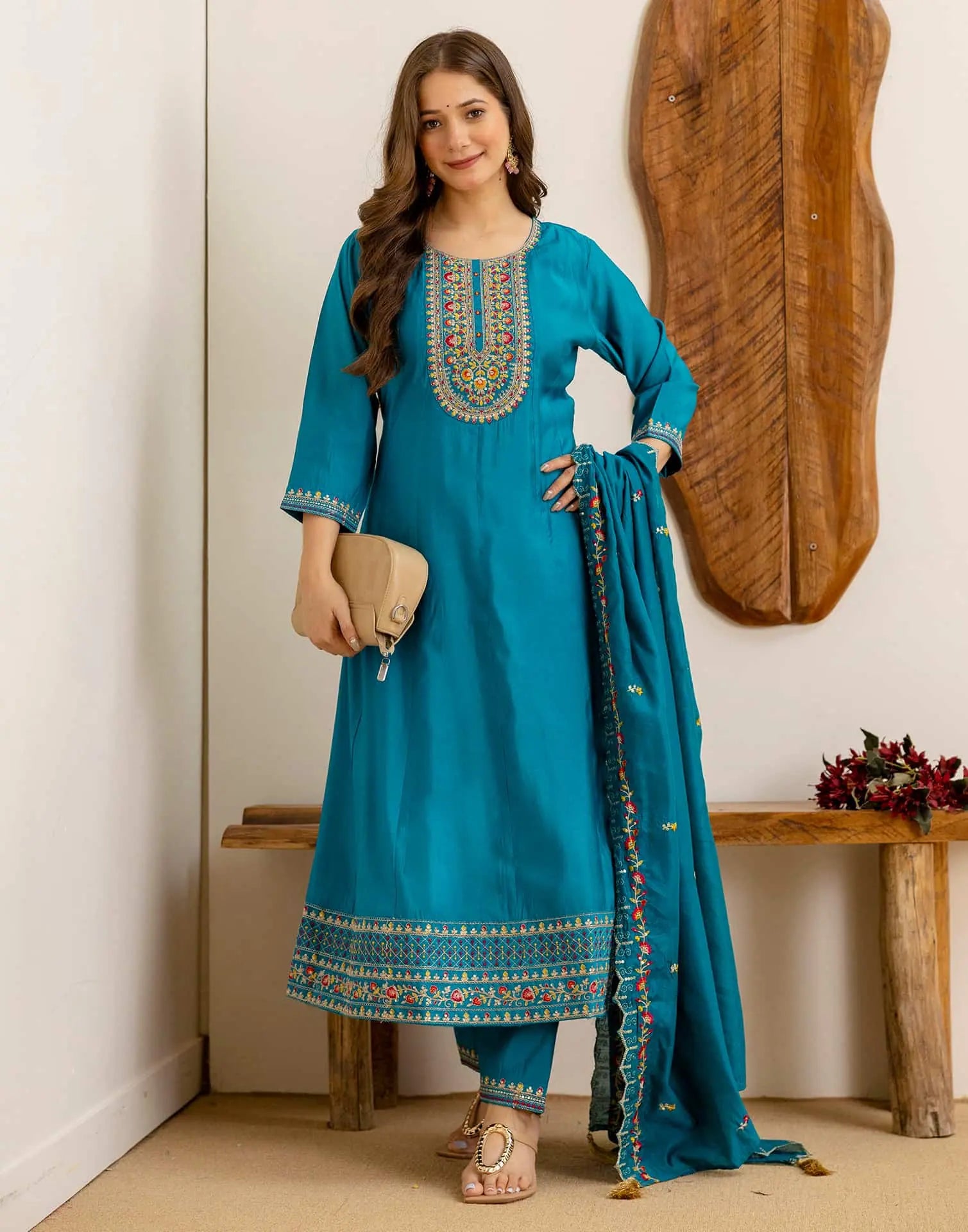 Blue Silk Embroidered Anarkali Kurta Set with Pant and Dupatta for Women Festive Wear under 1299