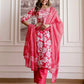 Pink Cotton Printed Straight Kurta Set with Pant & Dupatta V-Neck Floral Kurti for Women