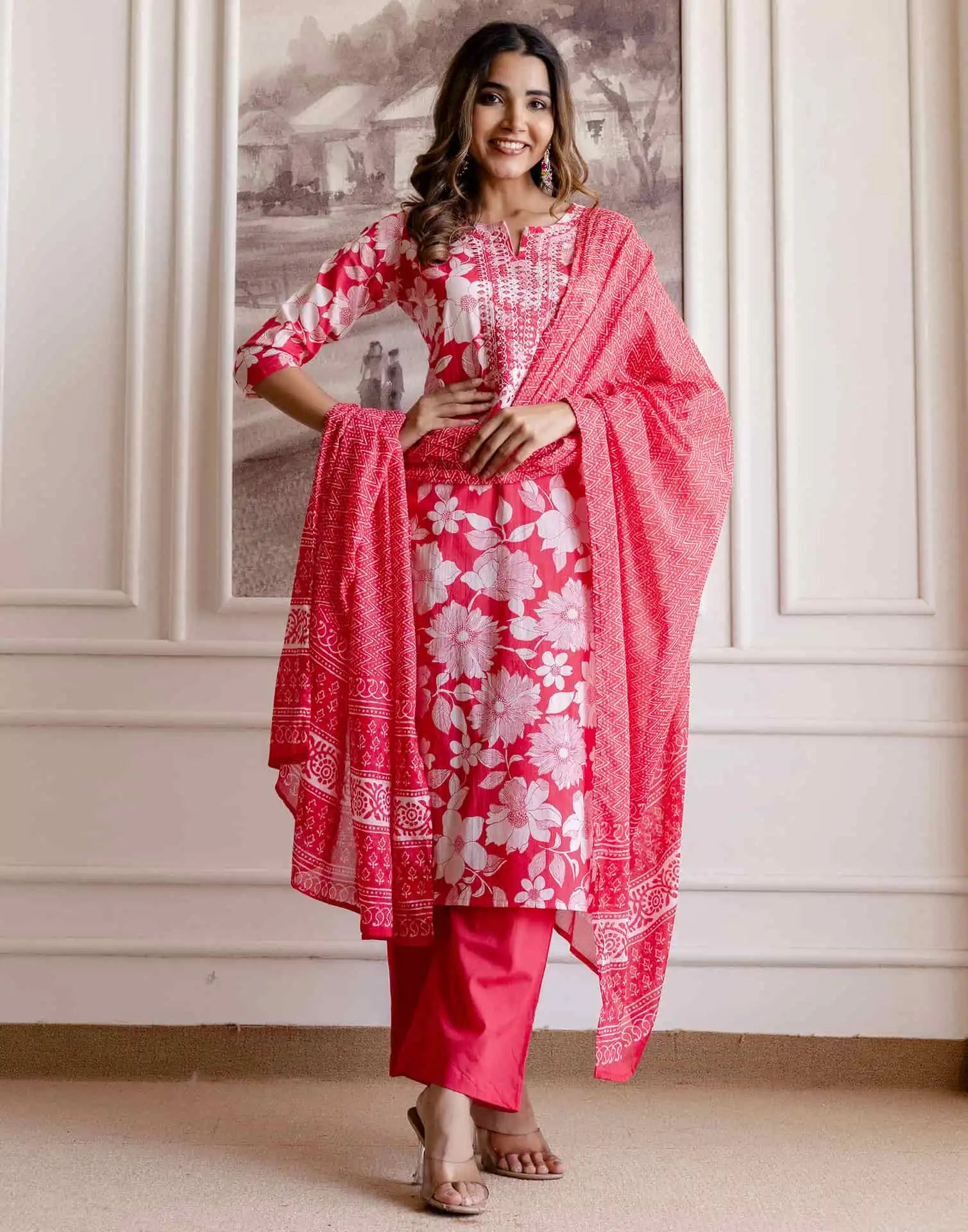 Pink Cotton Printed Straight Kurta Set with Pant & Dupatta V-Neck Floral Kurti for Women