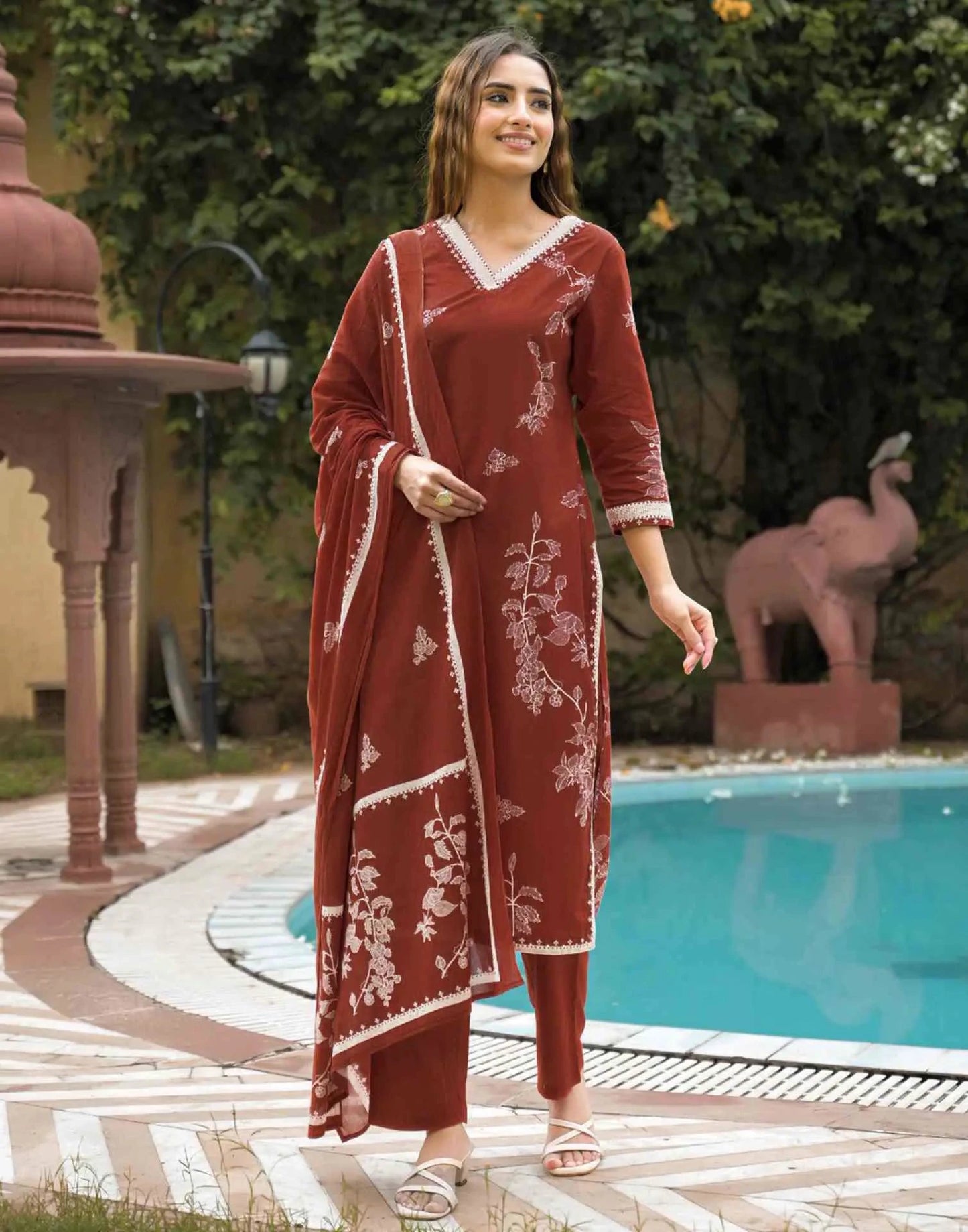 Cotton Printed Straight V-Neck Kurta with Pant & Dupatta