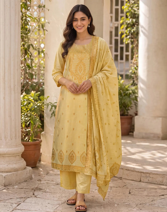 Cotton Woven Straight 3 Piece Kurta Set With Dupatta