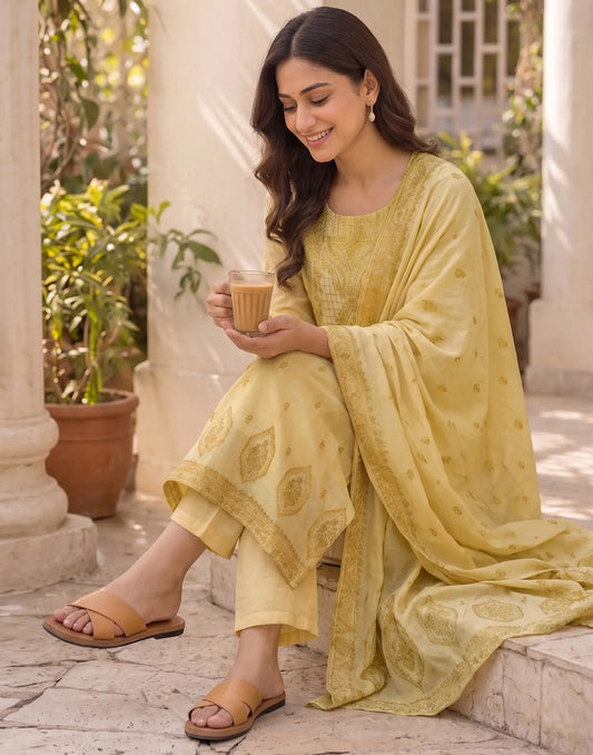 Cotton Woven Straight 3 Piece Kurta Set With Dupatta