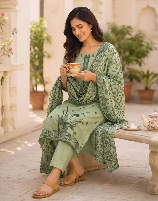 Cotton Woven Straight 3-Piece Kurta Set with Dupatta