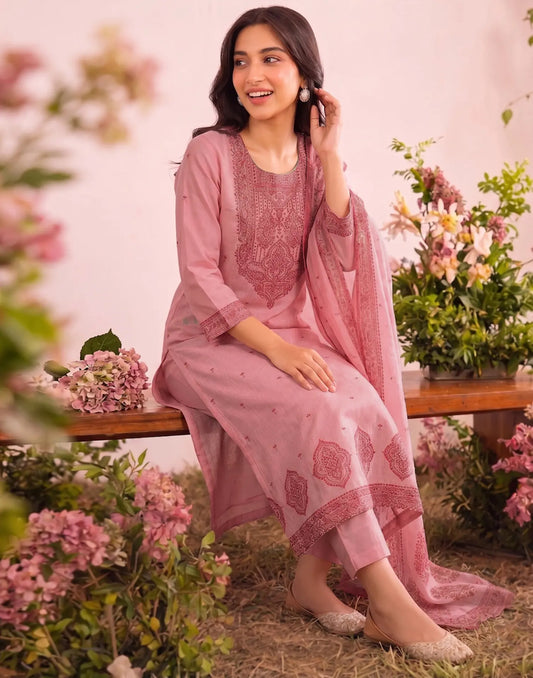Cotton Woven Straight 3 Piece Kurta Set With Dupatta